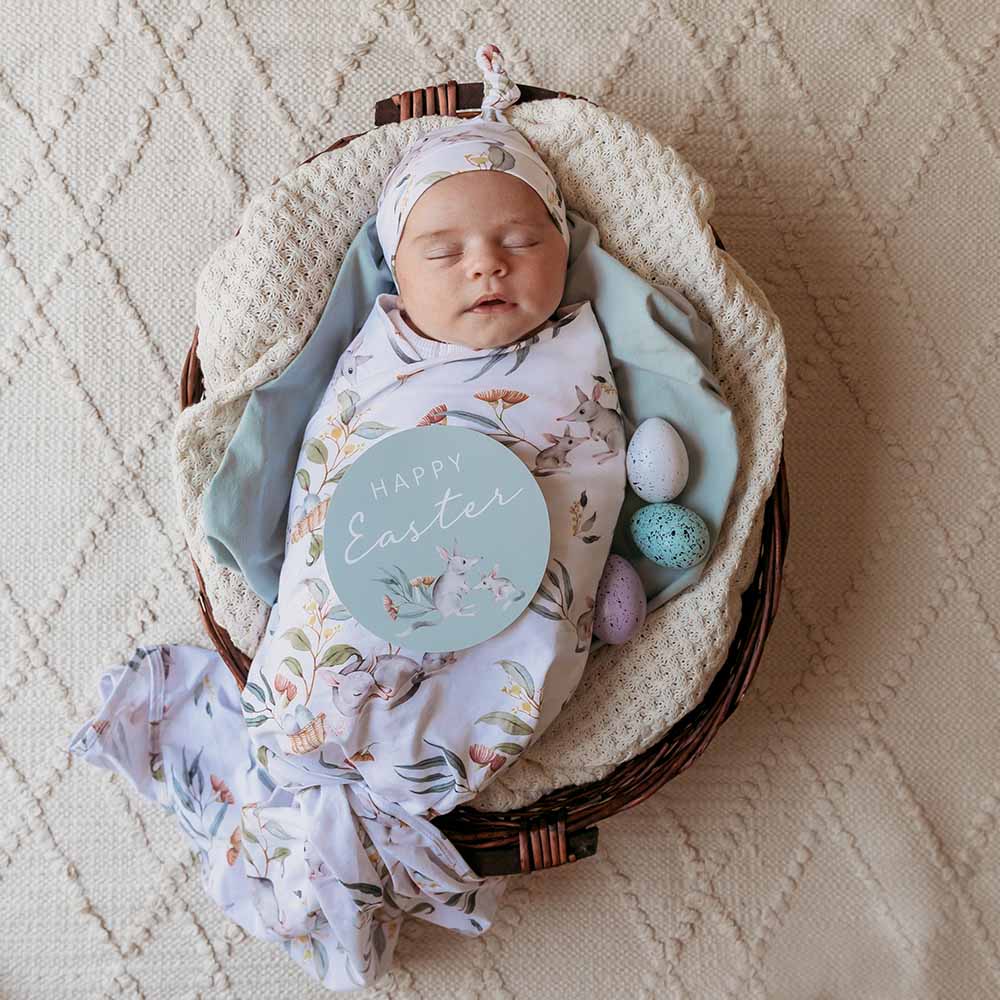 Easter Bilby Organic Jersey Wrap & Beanie Set + Milestone Card